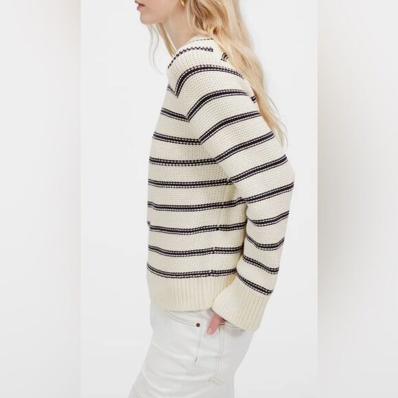 Madewell XL Bright Ivory Navy Stripes Reverse Knit Crewneck Sweater - Picture 2 of 16